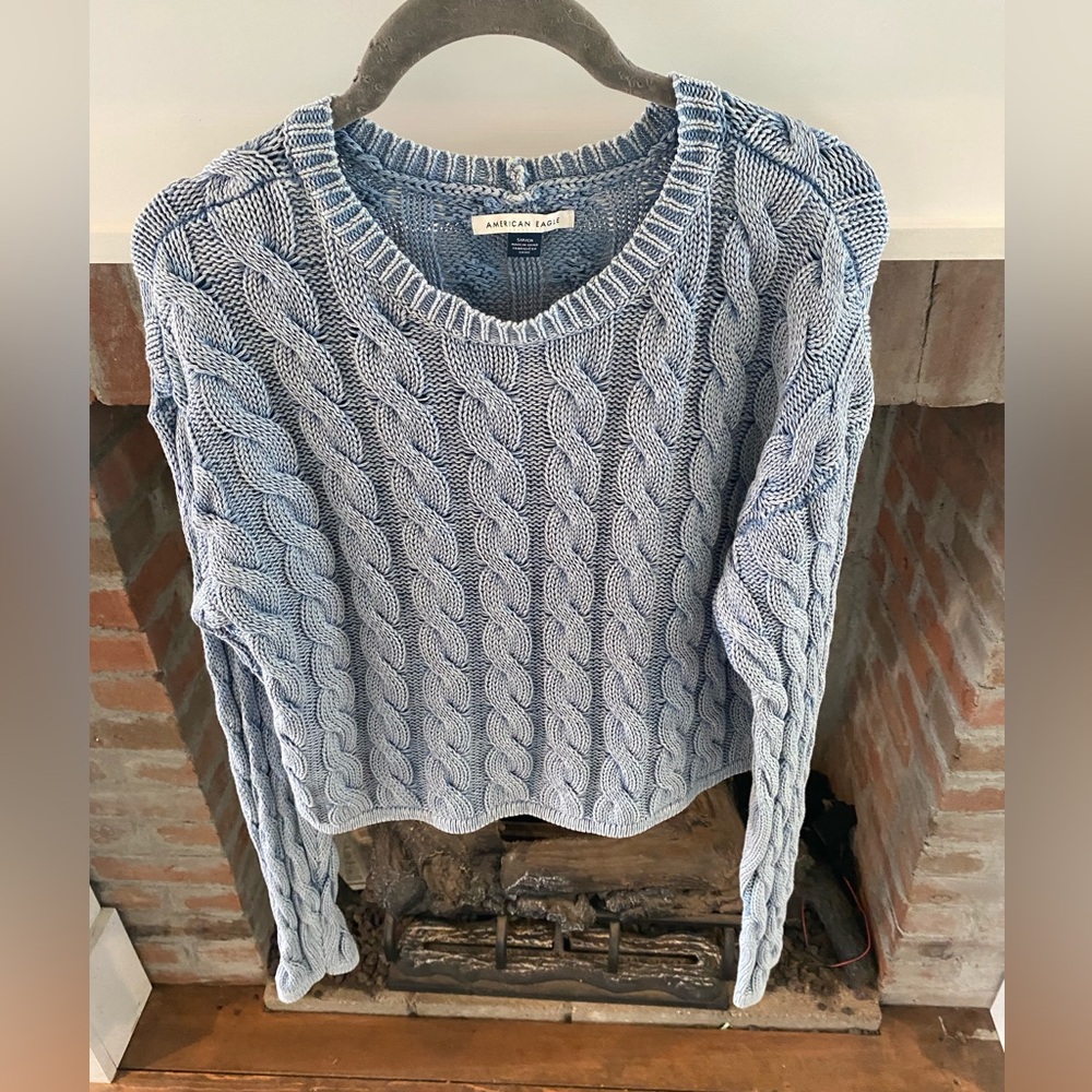 American Eagle Cropped CableKnit Chunky Sweater Faded Blue Small Crewneck Preppy